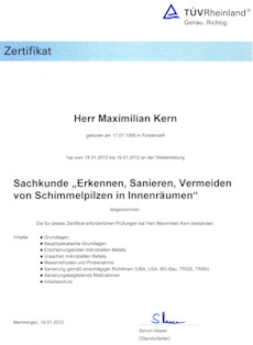 Schimmelpilz-Zertifikat TÜV Rheinland